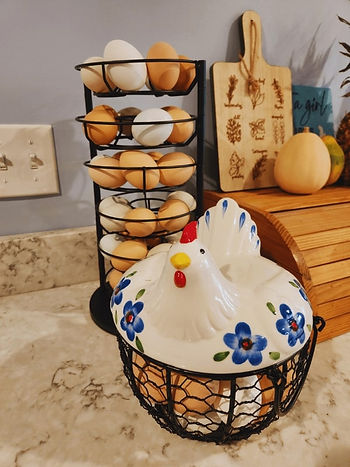 Farm fresh eggs on the counter: Egg tower and counter basket